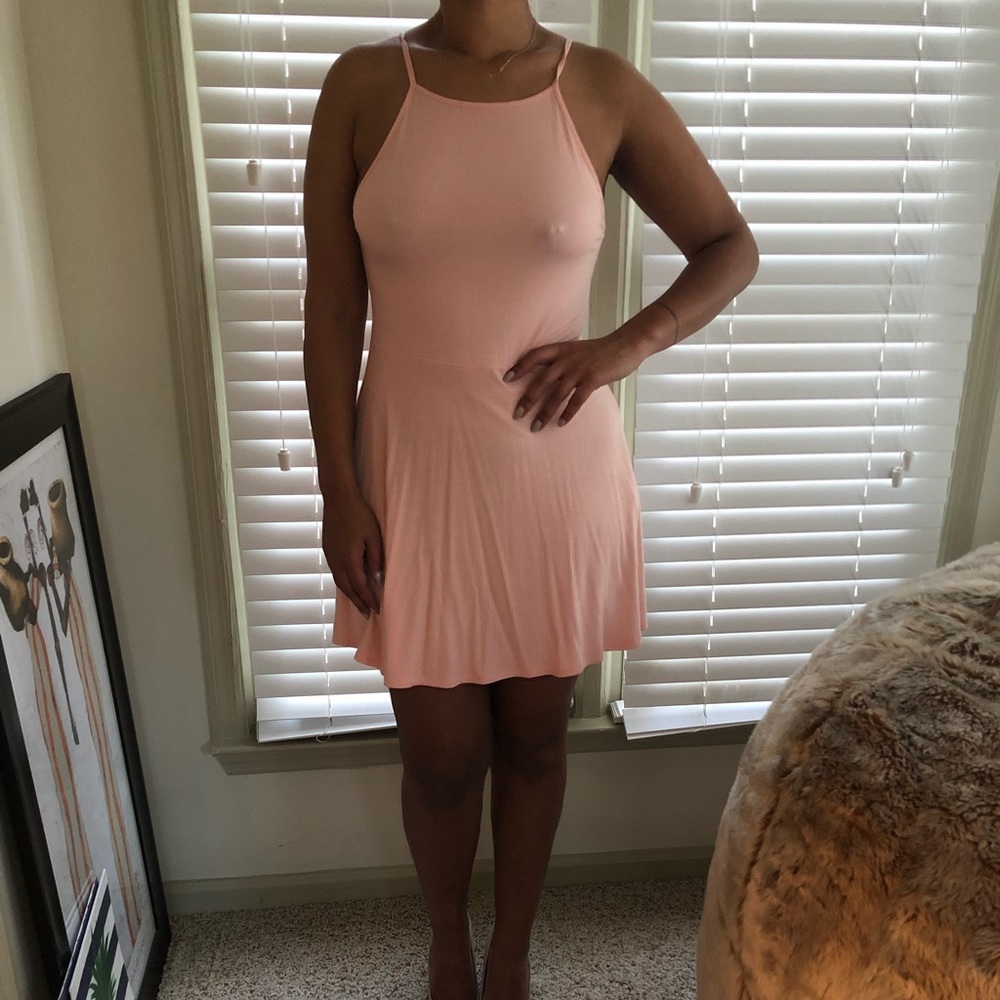 Light pink fit and flare spaghetti strap dress